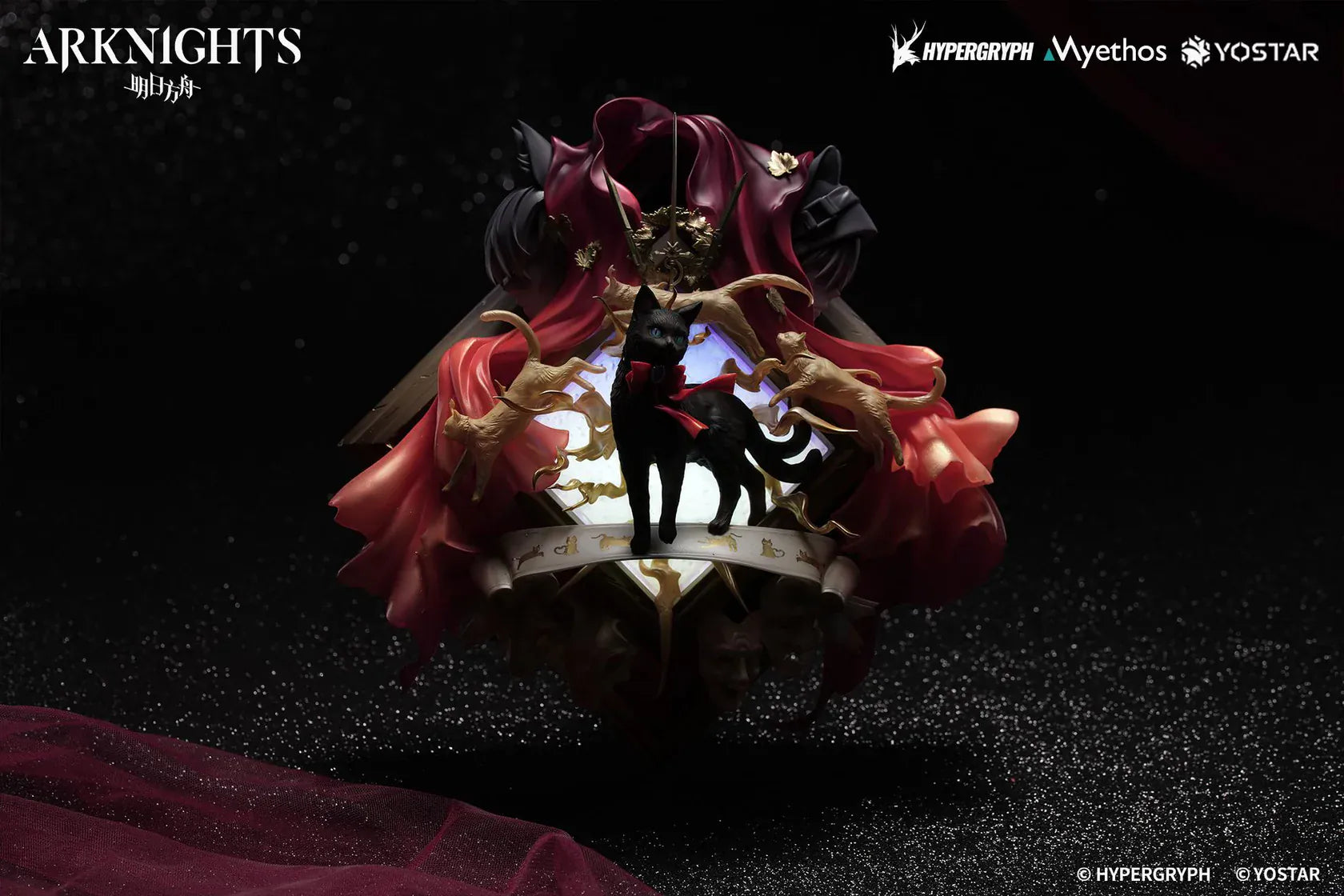 Arknights Miss Christine Elite 2 Ver. Diorama Non-Scale Figure with black cat, red bow, gold accents, theater masks, and red drapery