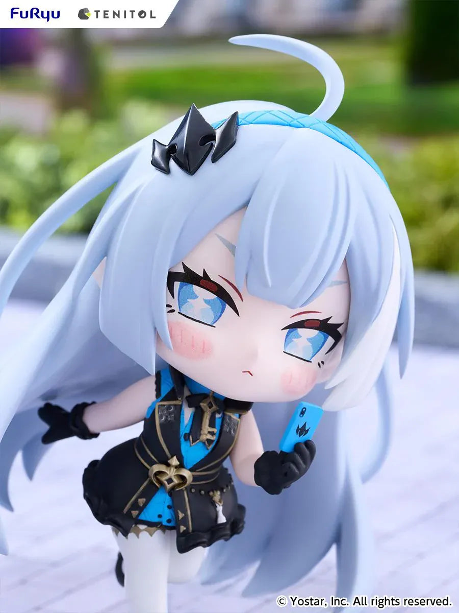 Stella Sora TENITOL Mini Tyrant Figure by FuRyu featuring a light-blue-haired anime girl with blue eyes wearing a black and blue outfit with gold accents, black gloves, and white stockings while holding a small blue device.