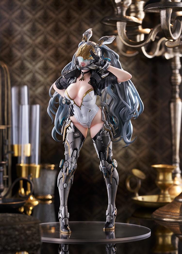 The First Descendant Ultimate Bunny 1/7 Scale Figure with futuristic armor, masked headpiece, long hair, and black silver gold battle suit