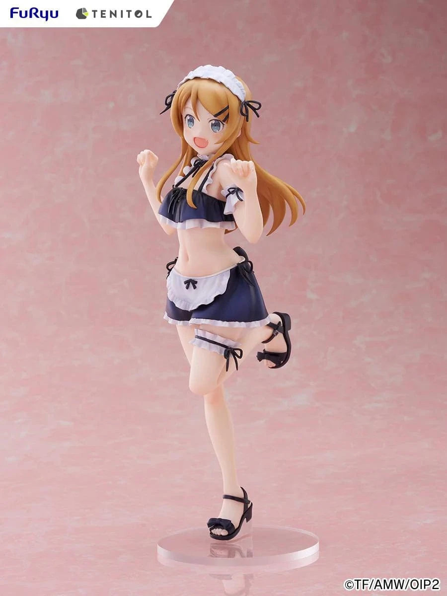 Oreimo Tenitol Tall Kirino Kousaka Swimsuit Maid Ver. Figure featuring Kirino in a navy and white maid swimsuit posing energetically by a beachside dessert setup