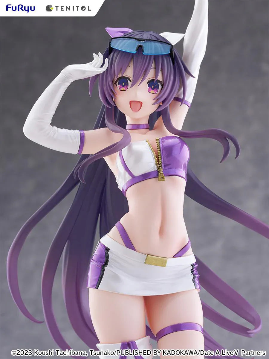 Date A Live V Tenitol Tall Tohka Yatogami Race Queen Ver. Figure featuring Tohka with long purple hair, white-and-purple race queen outfit, sunglasses, and matching boots.