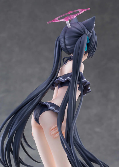 Blue Archive Serika Swimsuit 1/7 Scale Figure featuring Serika with long black hair, cat ears, dark frilled swimsuit, pink halo, platform sandals, and display base.