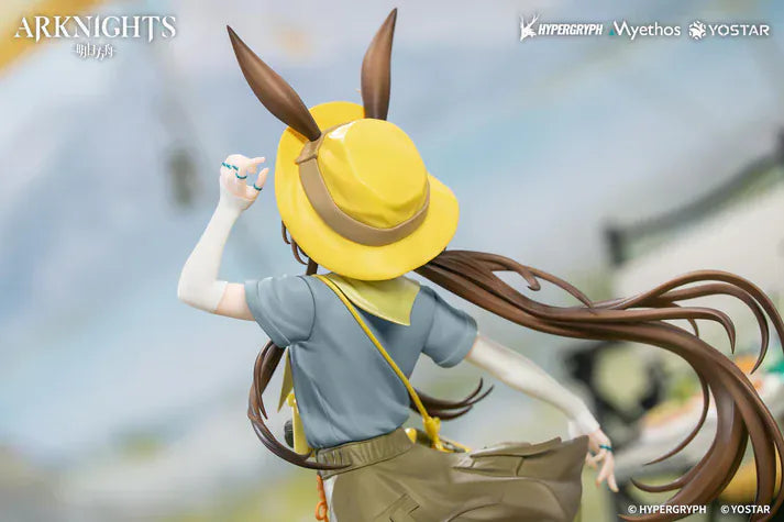 Arknights Gift+ Amiya Wildlight Wander Ver. 1/8 Scale Figure featuring Amiya with rabbit ears, hooded outfit, camera accessory, yellow bag, and themed display base.