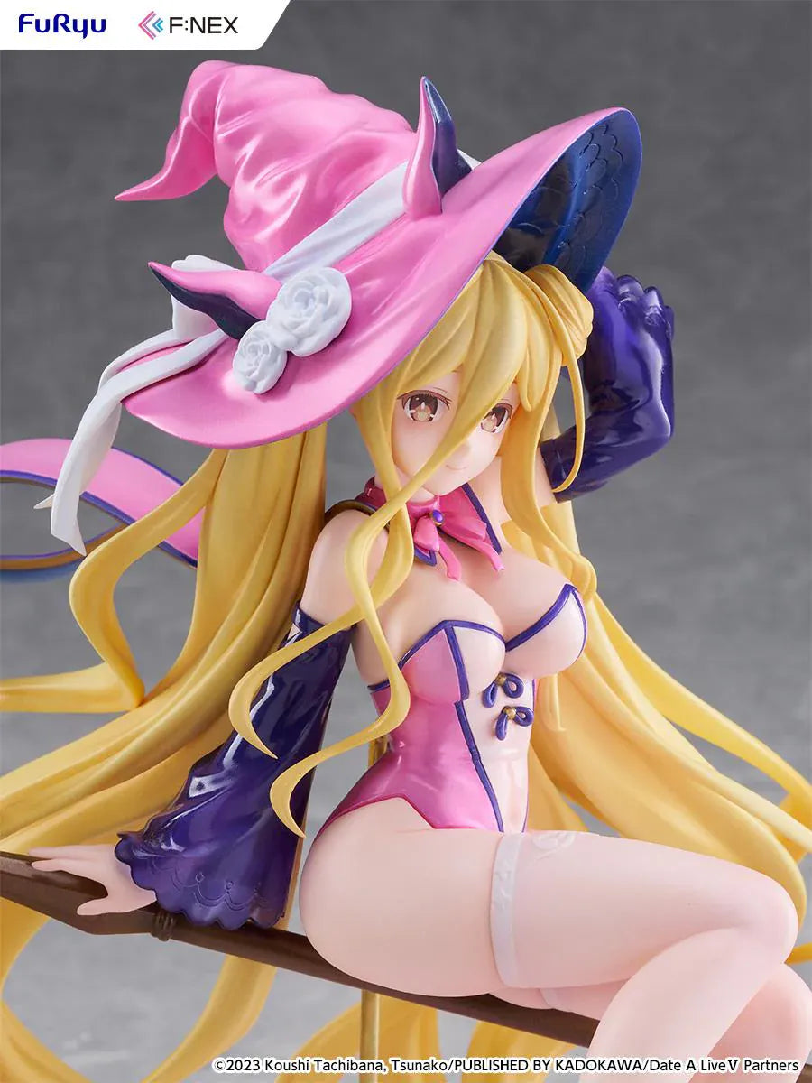Date A Live V Mukuro Hoshimiya Witch Style Ver. 1/7 Scale Figure featuring Mukuro with long blonde hair, pink witch outfit, large witch hat, key-shaped staff, and magical display base.