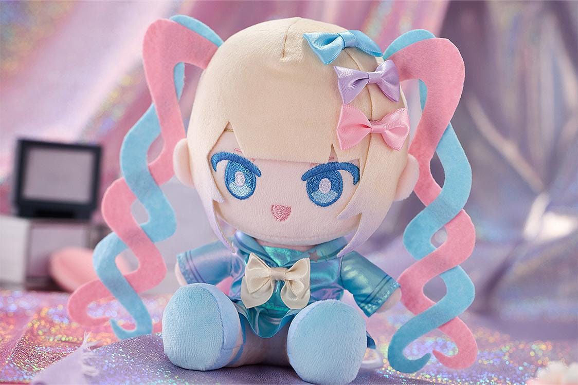 NEEDY GIRL OVERDOSE OMGkawaiiAngel Punipuni plushie with pink and blue spiral twin-tails, embroidered blue eyes, and a shimmering blue outfit.