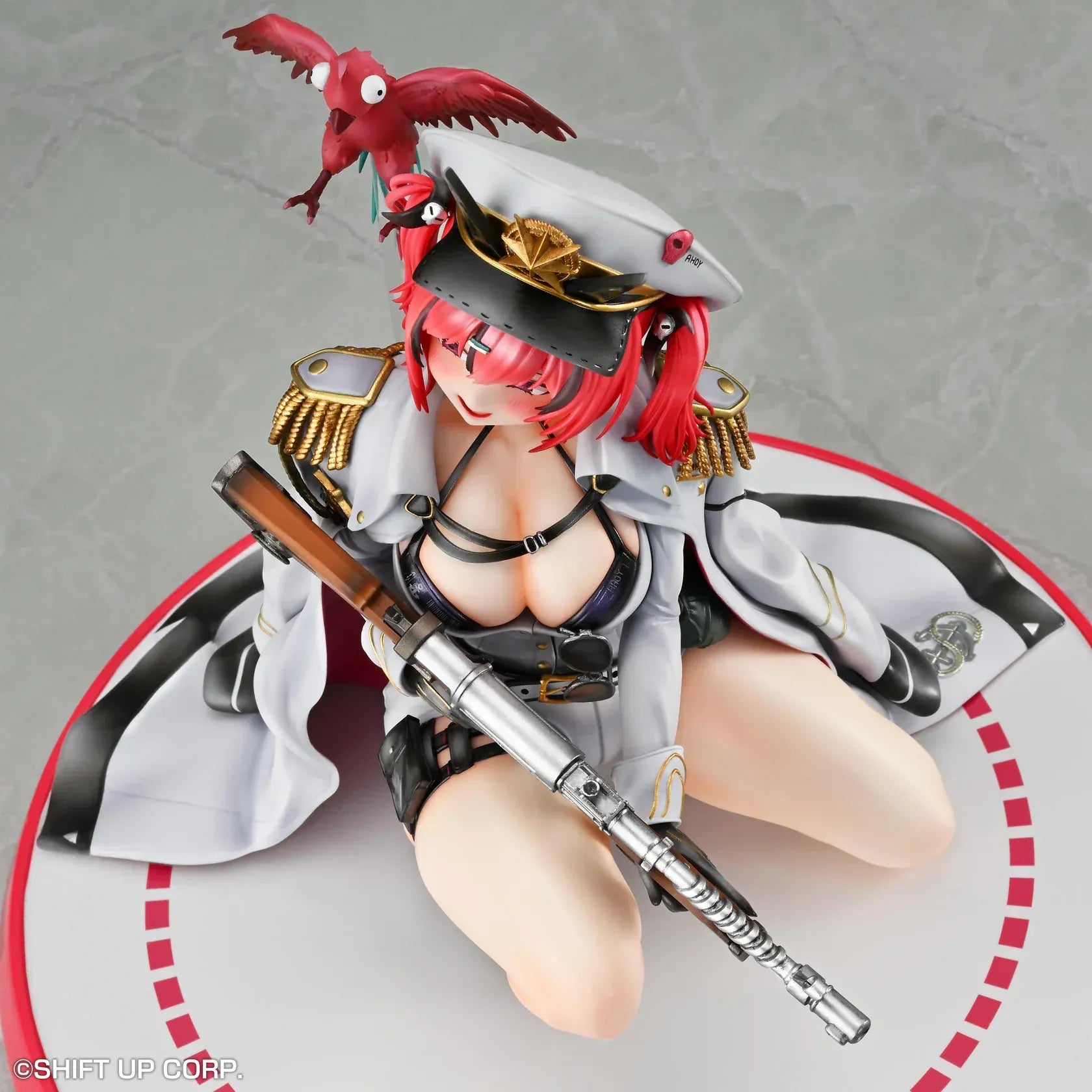 Goddess of Victory: Nikke Mast 1/7 scale figure kneeling on red-and-white base in white naval uniform with rifle and red parrot