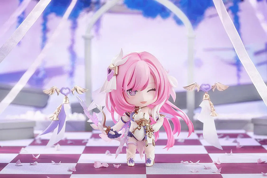 Honkai Impact 3rd Nendoroid No.2916 Elysia Herrscher of Human Ego chibi figure with pink hair, white and purple outfit, and wing accessories