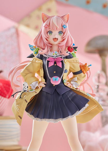 Nijisanji Yang Nari 1/7 scale figure with pink hair, cat ears, school uniform, and yellow coat standing in energetic pose
