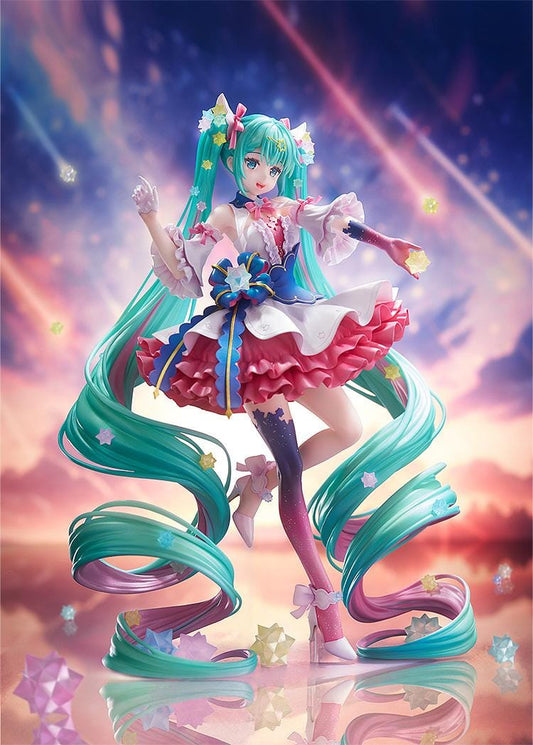 Hatsune Miku Rosuuri Ver. 1/7 scale figure with swirling turquoise twin tails, colorful stars, a pink and white ruffled dress, and a blue bow.