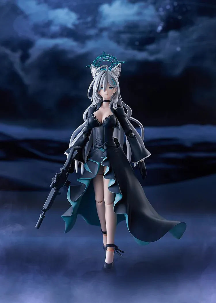 Blue Archive figma Shiroko Terror Figure with silver hair, wolf ears, halo, black outfit, flowing coat, and weapon accessory