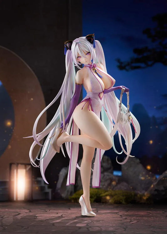 Azur Lane Kearsarge Springtime Monitoring 1/6 Scale Figure featuring long silver hair, an elegant white and purple outfit, handbag, and high heels