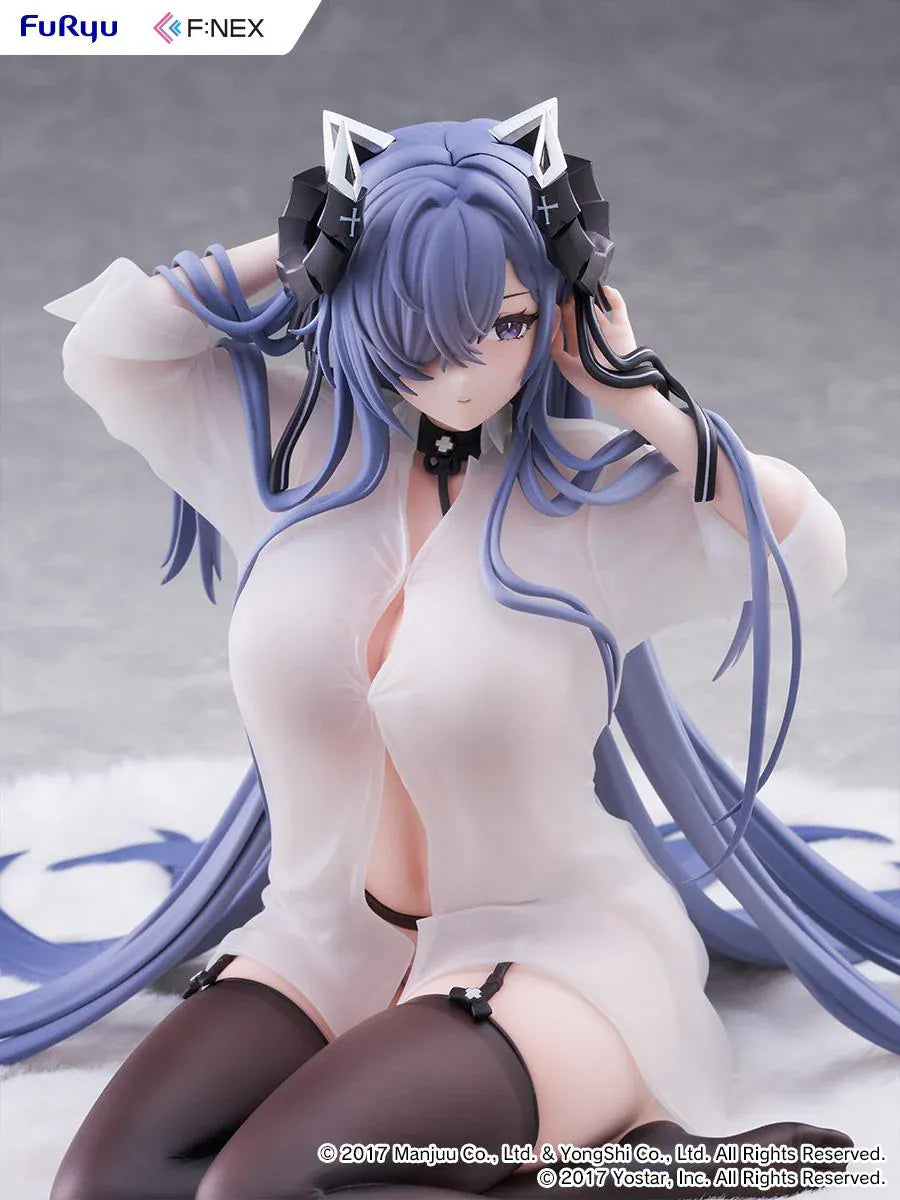 Azur Lane August von Parseval The Unhulde's Midday Respite 1/6 Scale Figure seated in white shirt with long blue hair and dark thigh-high stockings