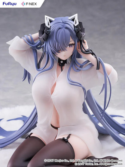 Azur Lane August von Parseval The Unhulde's Midday Respite 1/6 Scale Figure seated in white shirt with long blue hair and dark thigh-high stockings