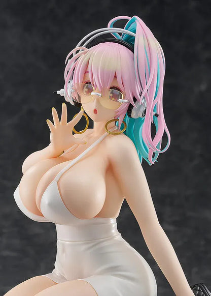 Nitroplus Pop Up Parade L Super Sonico 15th Mini Dress Ver figure kneeling in white dress with headphones and pastel hair