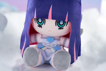 New PANTY & STOCKING with GARTERBELT Stocking Punipuni Plushie with purple hair, blue eyes, heart details, and seated chibi plush design