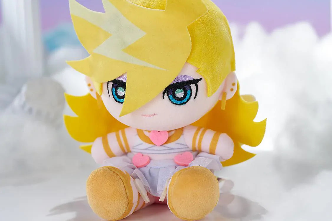 New PANTY & STOCKING with GARTERBELT Panty Punipuni Plushie with blonde hair, blue eyes, heart details, and seated chibi plush design