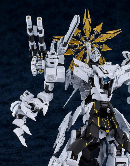 Blue Archive MODEROID Daath Model Kit featuring a white and black armored mecha design with gold effect parts and detailed mechanical styling