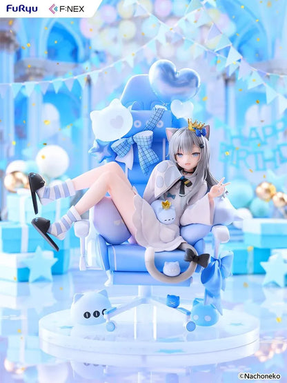Nachoneko Birthday Ver. 1/7 Scale Figure by FuRyu F featuring a silver-haired cat girl with a golden crown relaxing in a blue gaming chair decorated with balloons, ribbons, and cat accessories.