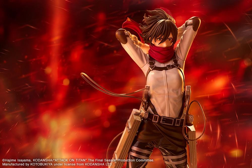 Attack on Titan Oshi Works Mikasa Ackerman The Final Season figure featuring Mikasa in her Survey Corps uniform adjusting her signature red scarf with detailed ODM gear