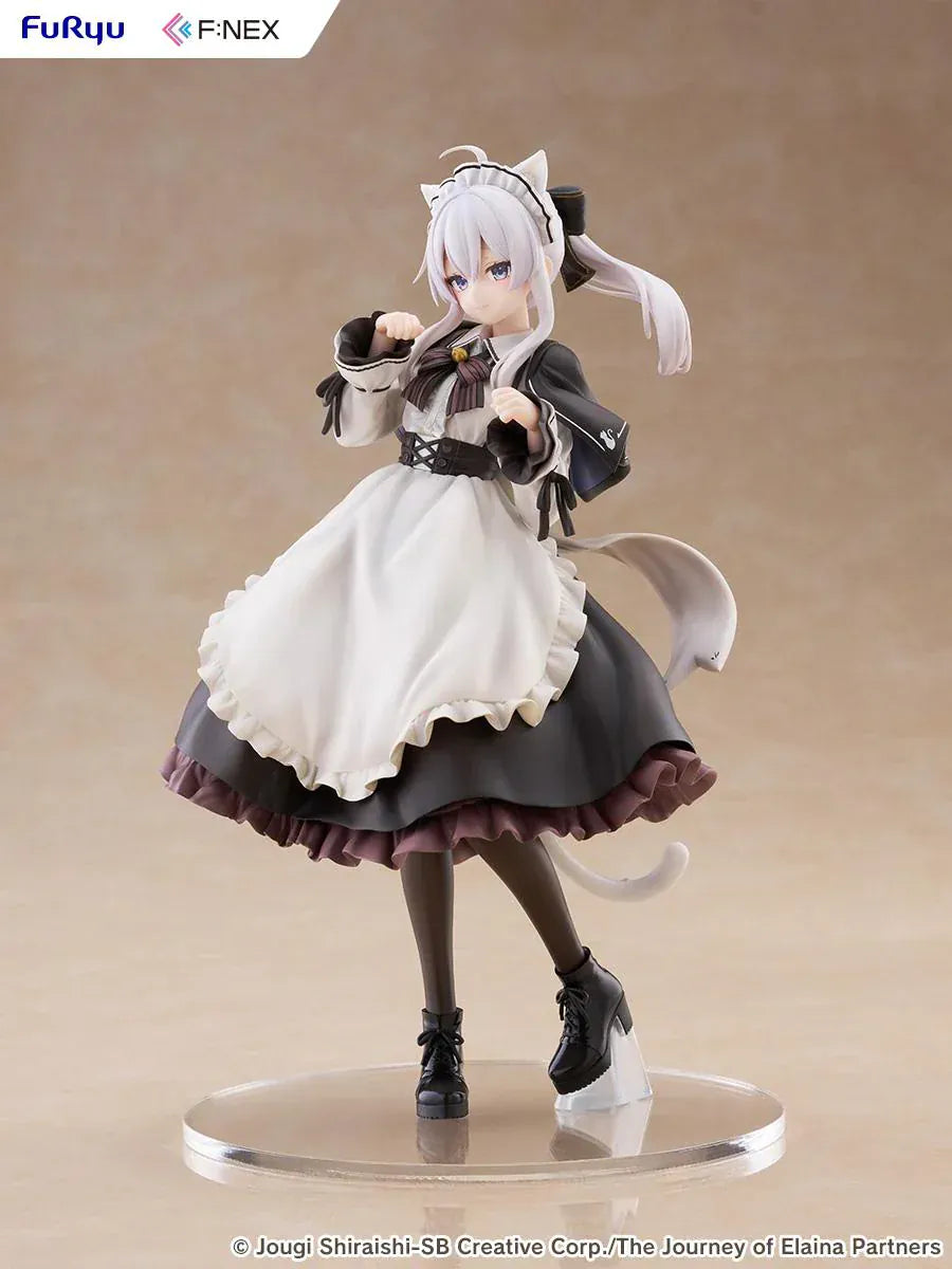 Elaina maid costume with cat ears scale figure from Wandering Witch, standing in a pawing pose with frilled monochrome dress and flowing twin-tail hair.