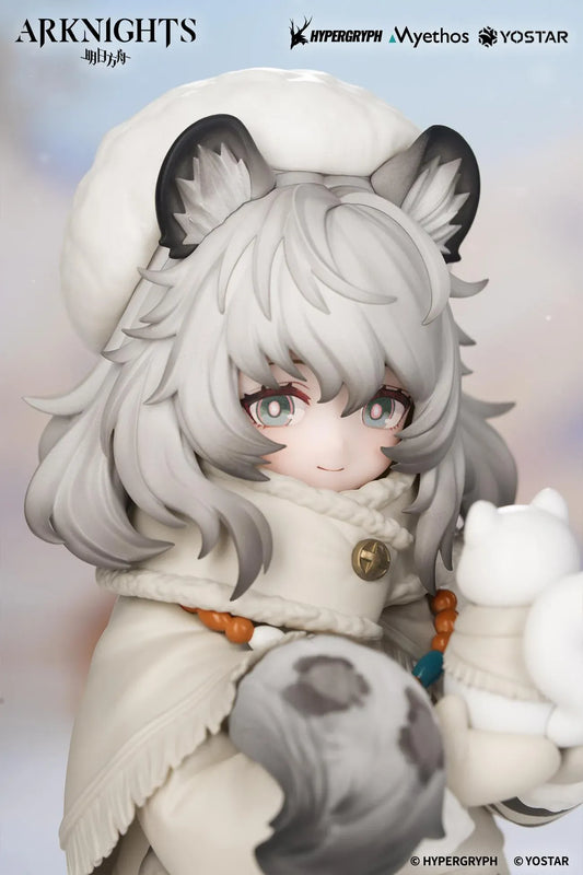 Arknights Rhodes Kids Series Pramanix Non Scale Figure with white hair, animal ears, winter coat, fluffy cape, boots, and bear accessory