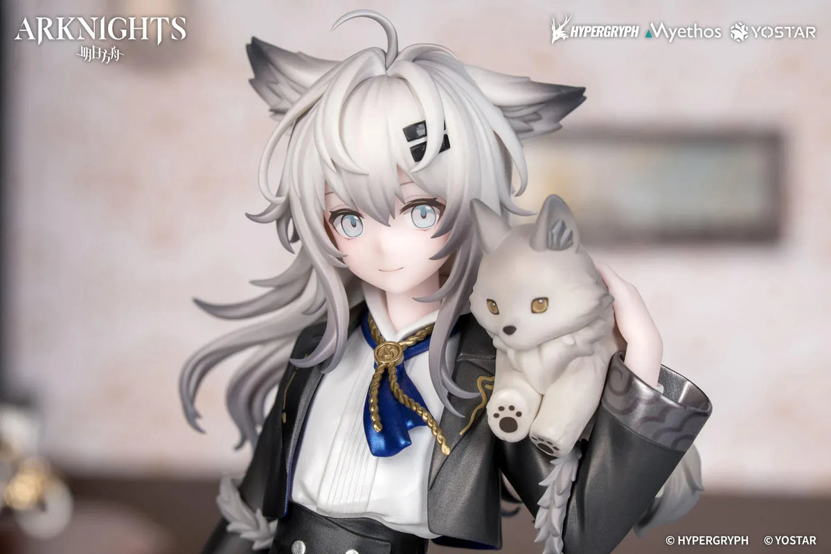 Arknights Rhodes Kids Series Lappland figure wearing a black-and-white uniform and holding a small wolf companion.