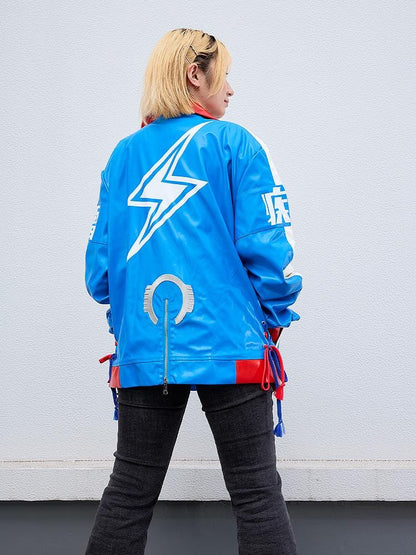 Umamusume Pretty Derby Tamamo Cross blue and red faux leather biker jacket with lightning bolt design and kanji symbols
