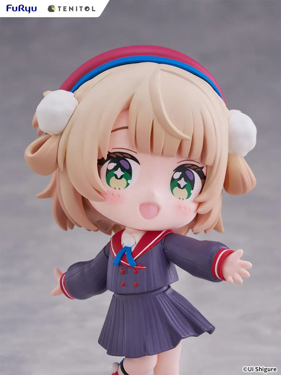 Ui Shigure Tenitol Mini Ui Shigure Figure with blonde hair, green eyes, earmuffs, school uniform outfit, cheerful pose, and round display base