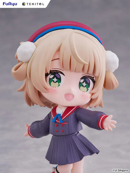 Ui Shigure Tenitol Mini Ui Shigure Figure with blonde hair, green eyes, earmuffs, school uniform outfit, cheerful pose, and round display base