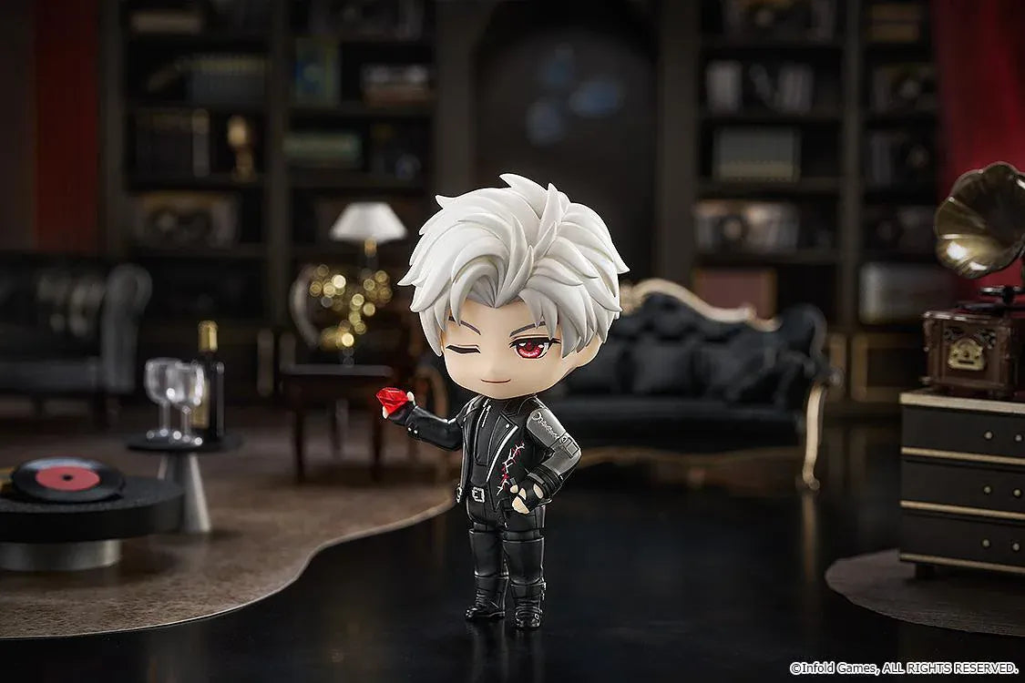 Love and Deepspace Nendoroid Sylus Figure with silver hair, red eyes, and black outfit