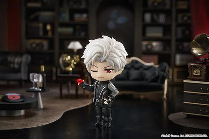 Love and Deepspace Nendoroid Sylus Figure with silver hair, red eyes, and black outfit