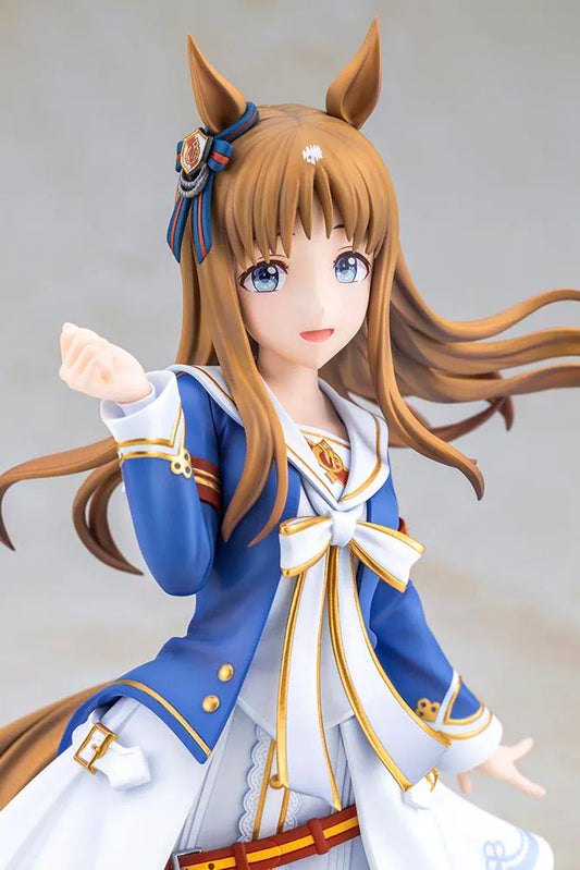 UmaMusume Pretty Derby Grass Wonder 1/7 Scale Figure with brown hair, horse ears, blue-and-white outfit, and grass display base