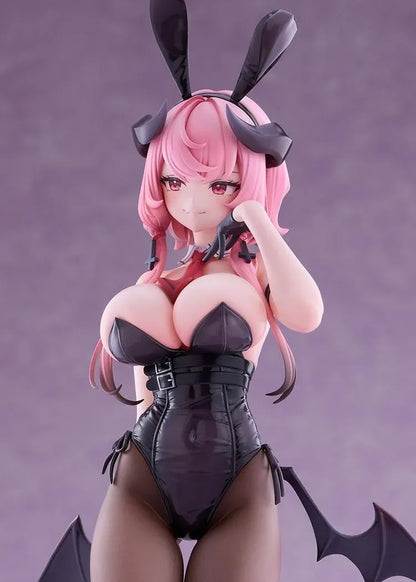 Stella Sora Bernina Bunny Ver. 1/7 Scale Figure featuring a pink-haired anime girl with reddish-pink eyes wearing a black corset-style bunny outfit, tall bunny ears, sheer tights, red heels, and bat-like wings on a purple display base.