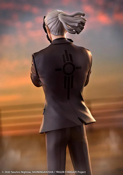 Trigun Stampede Oshi Works Livio the Double Fang Figure featuring Livio with silver hair, black suit, crossed-arm pose, stern expression, and display base.