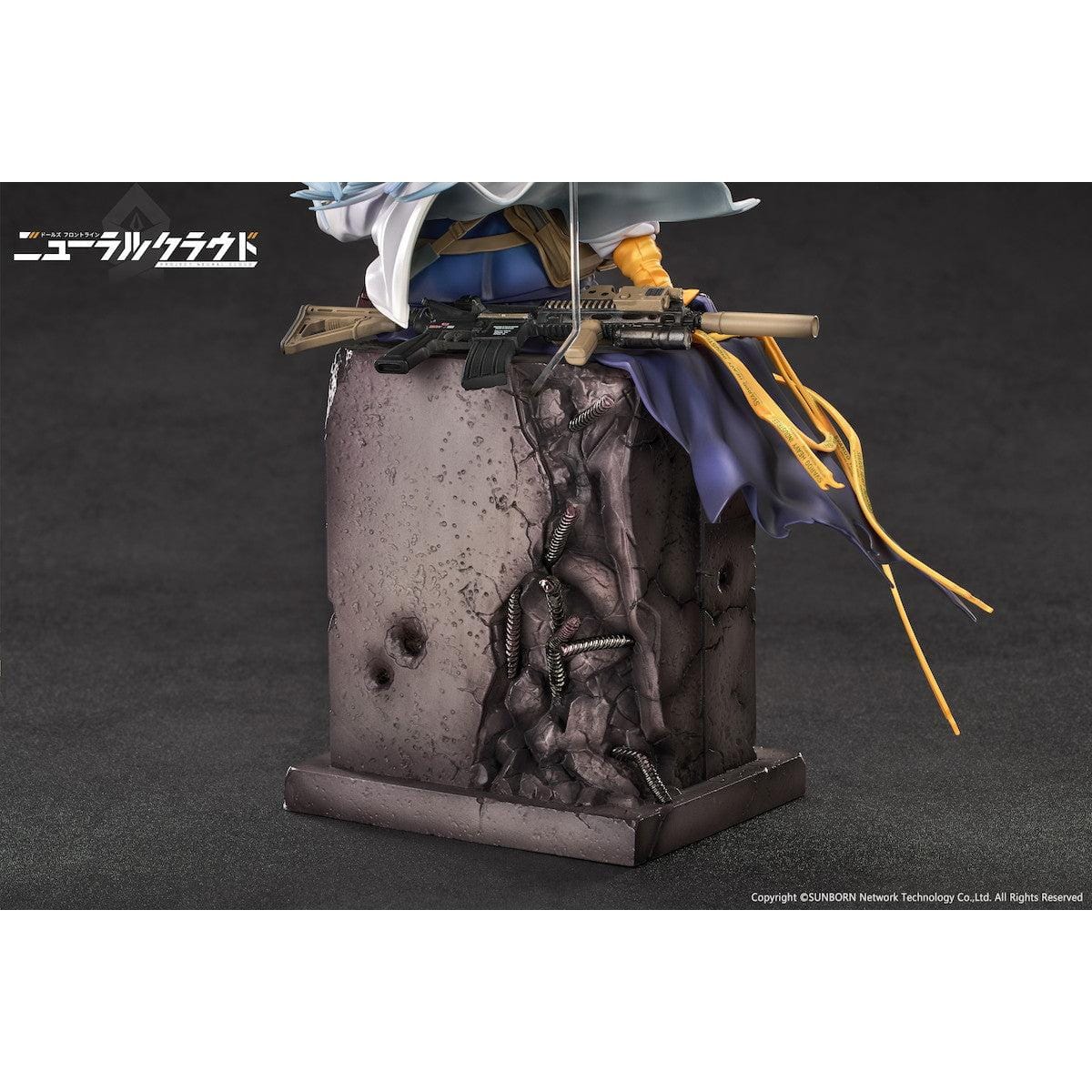 Girls' Frontline Neural Cloud Klukai 1/7 Scale Figure with long silver hair, military-inspired outfit, weapon accessories, seated pose, crate-style base, and bonus item