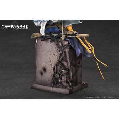 Girls' Frontline Neural Cloud Klukai 1/7 Scale Figure with long silver hair, military-inspired outfit, weapon accessories, seated pose, crate-style base, and bonus item