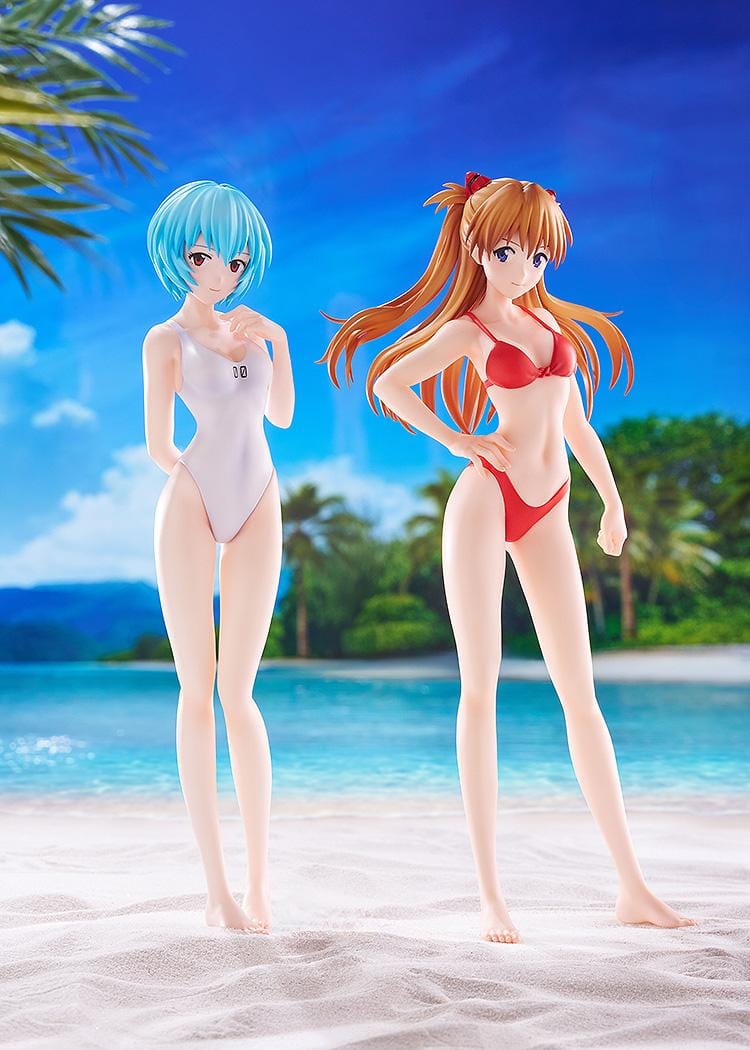 Rebuild of Evangelion POP UP PARADE BEACH QUEENS Rei Ayanami One-Piece Style L Size Figure featuring Rei with short blue hair, red eyes, and a white one-piece swimsuit.