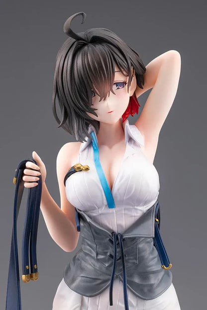 Atelier Yumia The Alchemist of Memories & the Envisioned Land Yumia Liessfeldt Sun Shower Ver. 1/7 Scale Figure featuring a short black-haired anime woman with blue eyes wearing a white outfit, black corset, and black ankle boots while holding a dark strap on a circular display base.