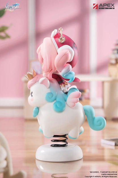 Honkai Star Rail Happy Shake Hyacine Non-Scale Figure by APEX Toys featuring a pink-haired anime girl with turquoise eyes riding a white winged companion with a golden crown and blue bow, mounted on a black spring and white circular base.