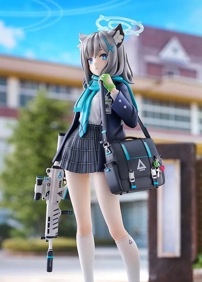 Blue Archive Shiroko 1/7 Scale Figure with silver-gray hair, wolf ears, blue halo, scarf, shoulder bag, and weapon accessory