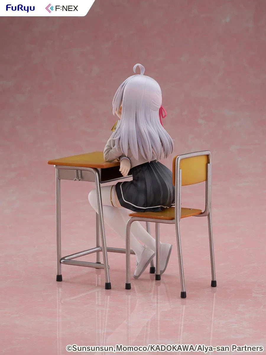 Alya Sometimes Hides Her Feelings in Russian Alya 1/7 Scale Figure by FuRyu F:NEX featuring Alya sitting at a school desk with silver hair and red ribbons
