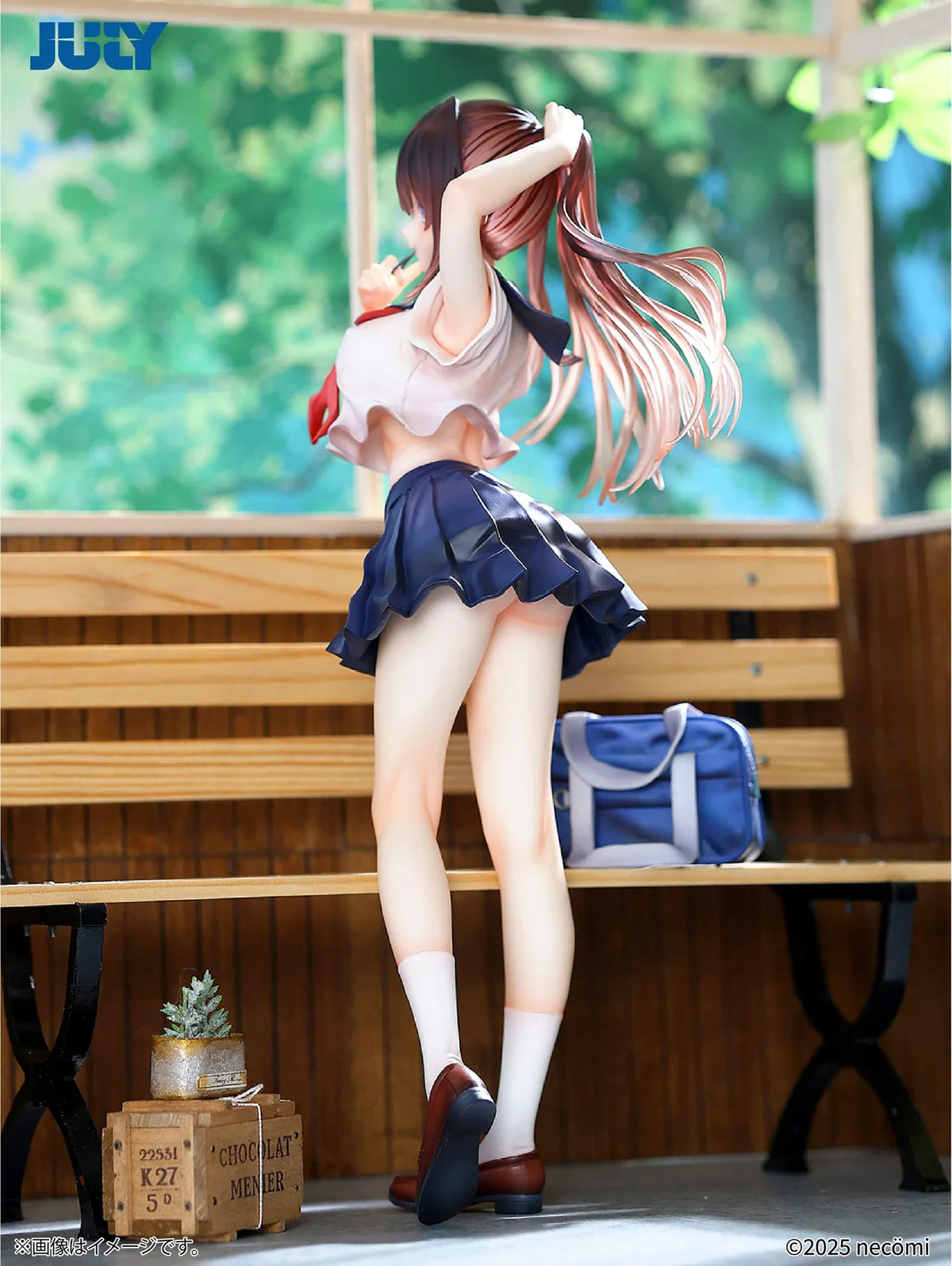Summer Girl 1/6 Scale Figure featuring a brown-haired anime girl with purple eyes, a white sailor-style top, red necktie, navy-blue pleated skirt, and blue school bag.