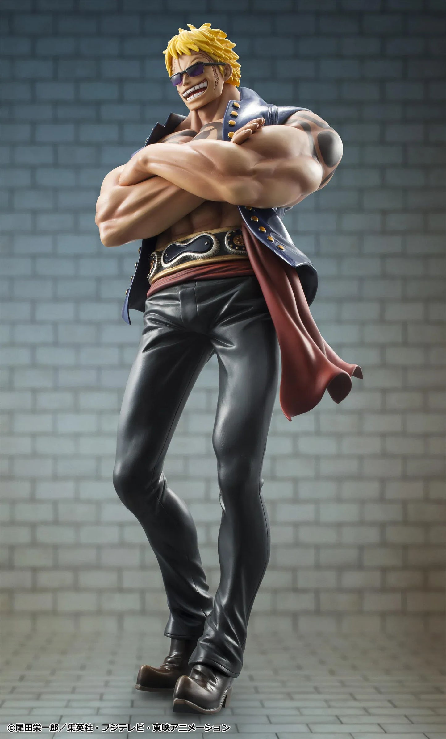 One Piece Portrait of Pirates Bellamy the Hyena Sailing Again Rerelease figure with blonde hair, blue vest, chest tattoo, black pants, and fierce pose