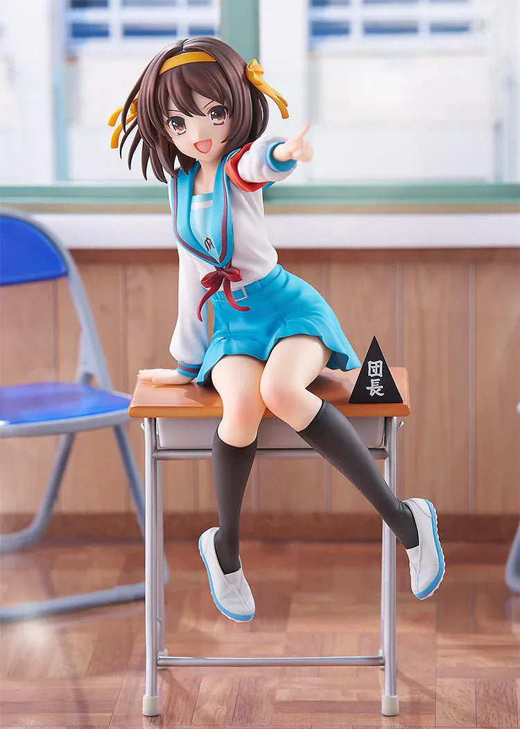 Haruhi Suzumiya 20th Anniversary 1/7 scale figure sitting on desk in school uniform