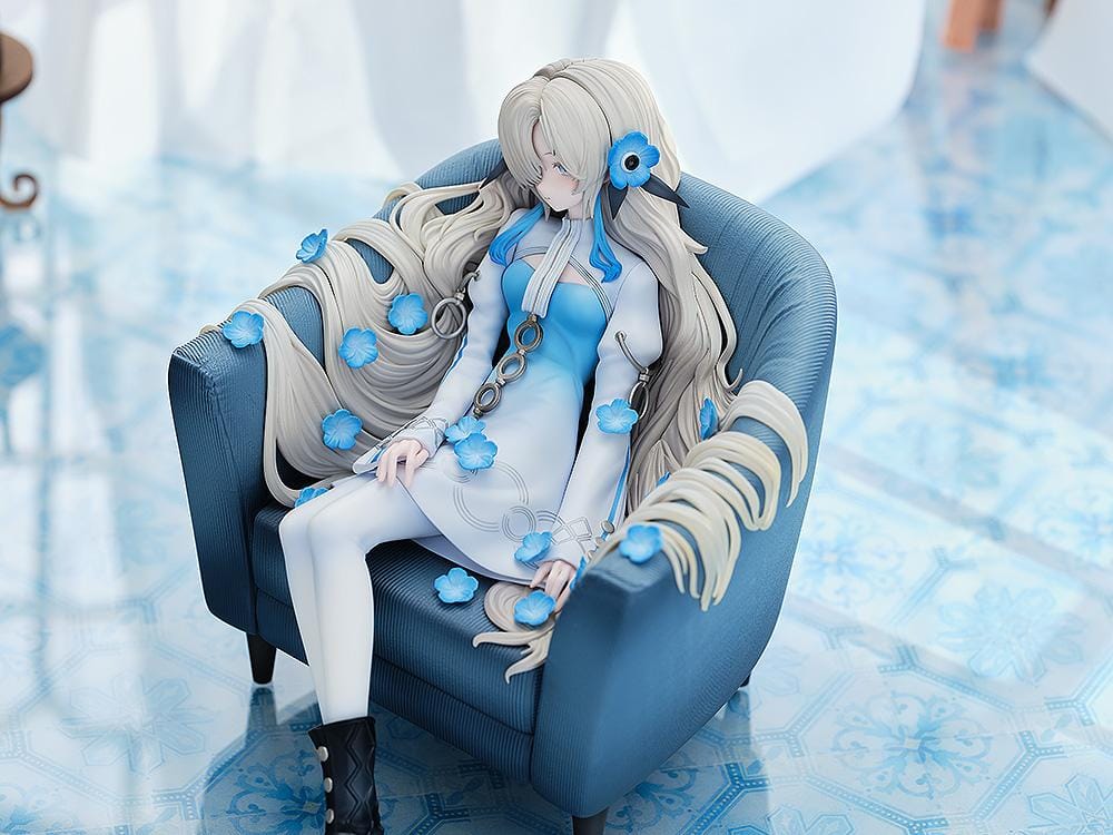 Isekaijoucho Universal Body Nemophila 1/7 scale figure sitting on blue chair with flowing silver hair and blue flower petals