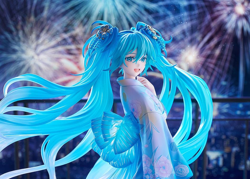 Vocaloid Hatsune Miku Music and Fire Works Ver 1/7 Scale Figure wearing a blue yukata with flowing turquoise twin tails and fireworks display base