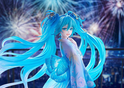Vocaloid Hatsune Miku Music and Fire Works Ver 1/7 Scale Figure wearing a blue yukata with flowing turquoise twin tails and fireworks display base