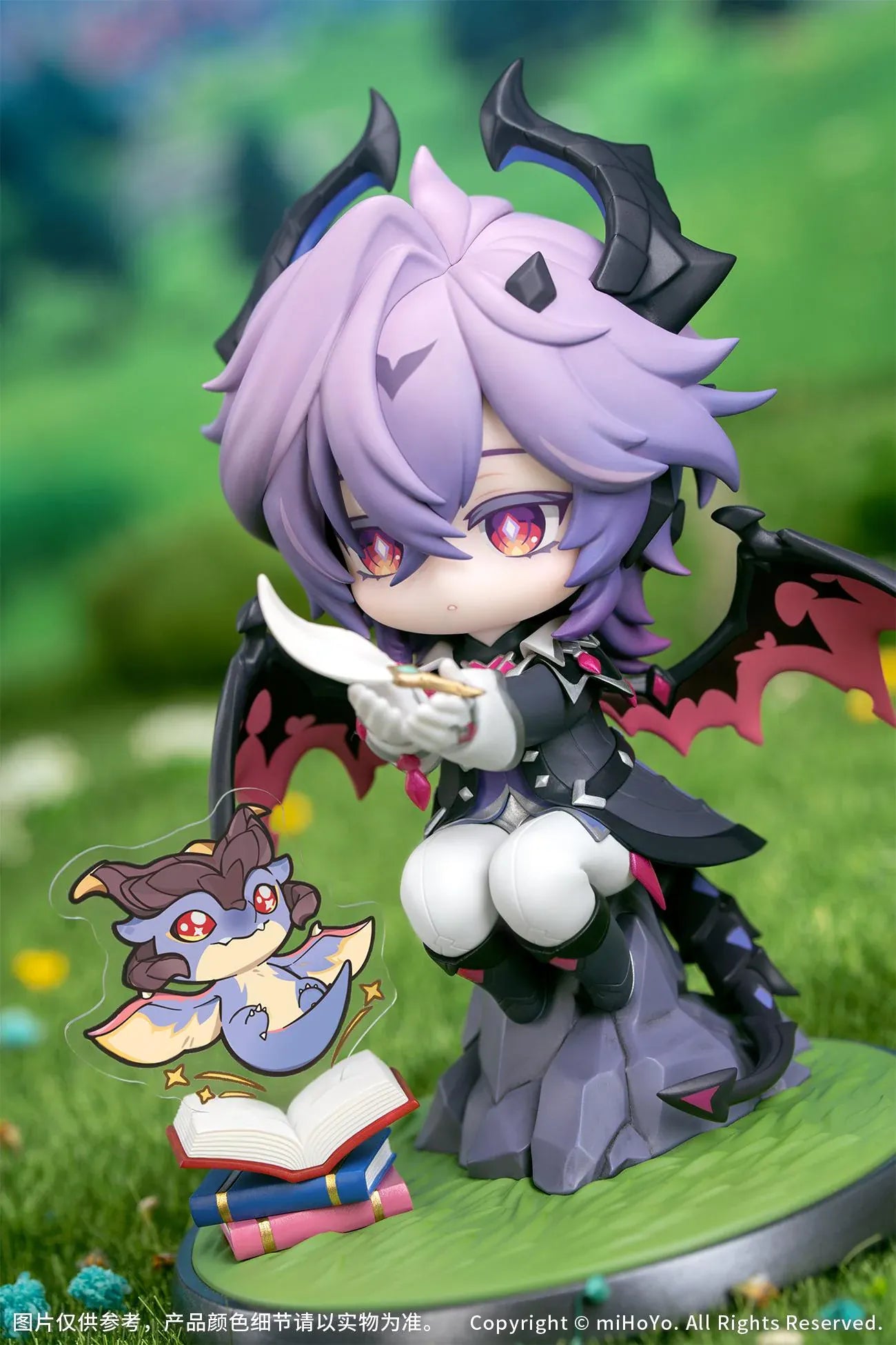 Genshin Impact Durin Floral Wanderings ver. with Bonus Non Scale Figure featuring Durin with lavender hair, horns, bat-like wings, books, companion illustration, and themed display base.
