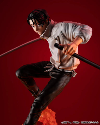 Jujutsu Kaisen Yuta Okkotsu The Culling Game figure in an airborne sword pose, wearing a white jacket and black trousers above an orange effect base.