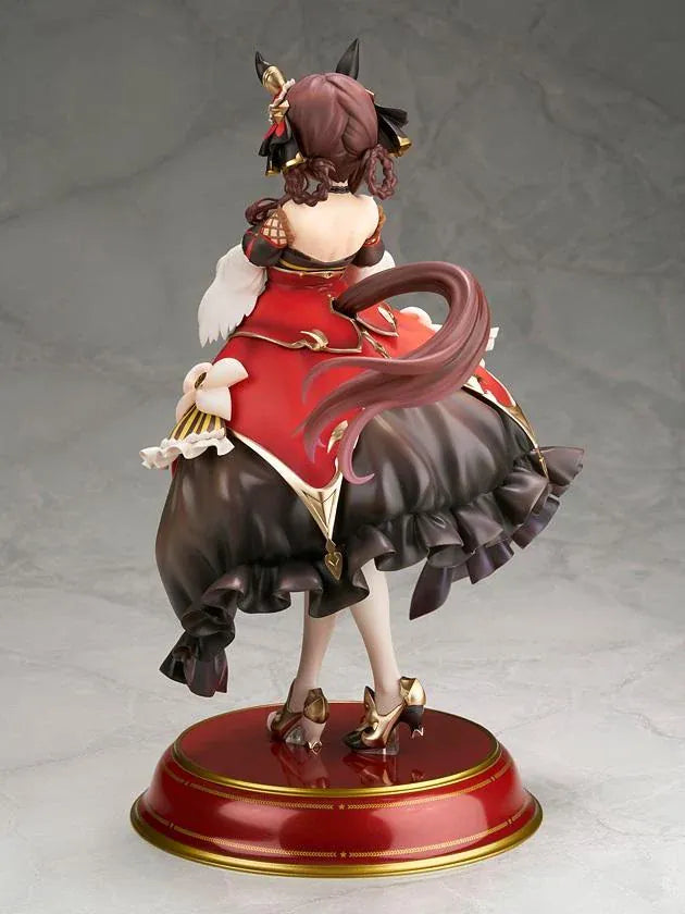 Umamusume Pretty Derby Gentildonna 1/7 Scale Figure featuring a brown-haired horse girl with a playful wink, an elaborate black, red, and gold outfit, flowing decorative fabric, white ruffles, ornate accessories, elegant stockings, and gold-accented heels standing on a red and gold circular display base.